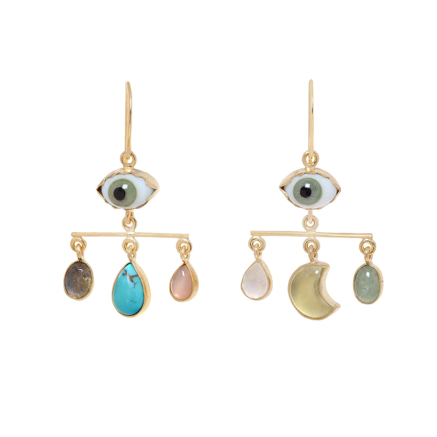 A pair of gold dangle earrings featuring an eye motif with a turquoise-blue stone and three additional dangling teardrop and crescent moon stones in varied colors, set against a plain white background.