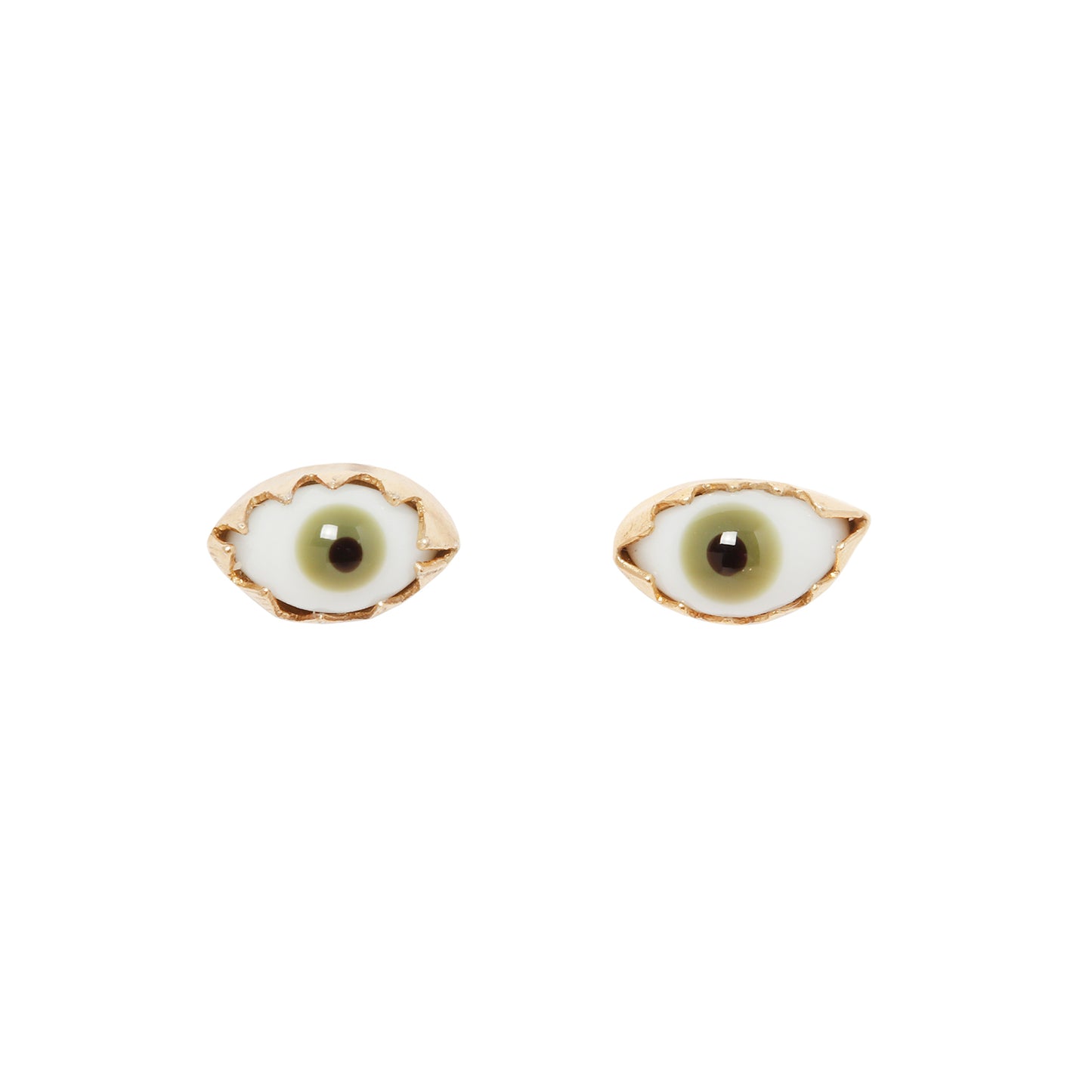 Glass green eye stud earrings on a white background