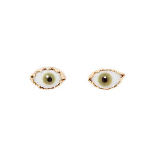 Glass green eye stud earrings on a white background