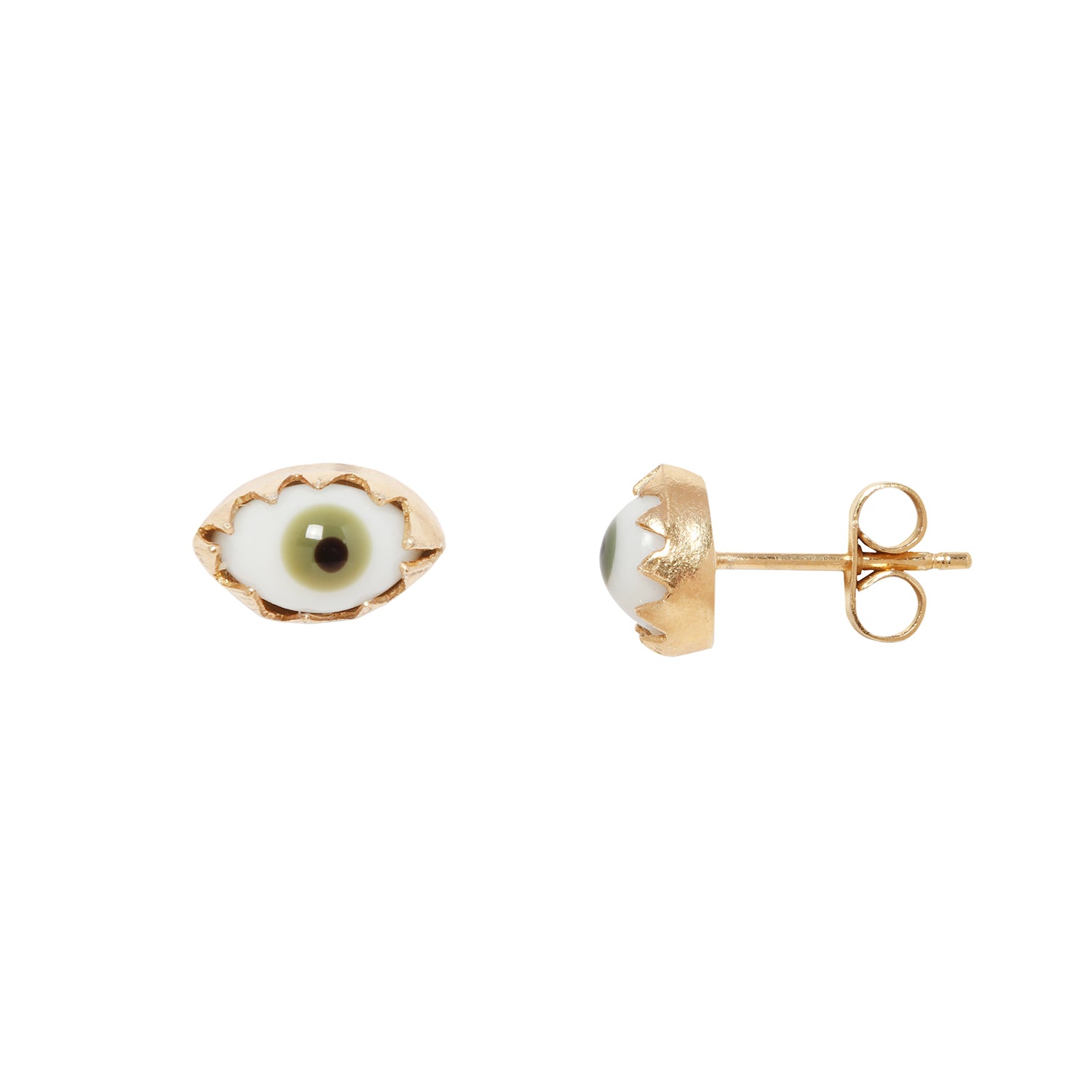 Glass green eye stud earrings on a white background