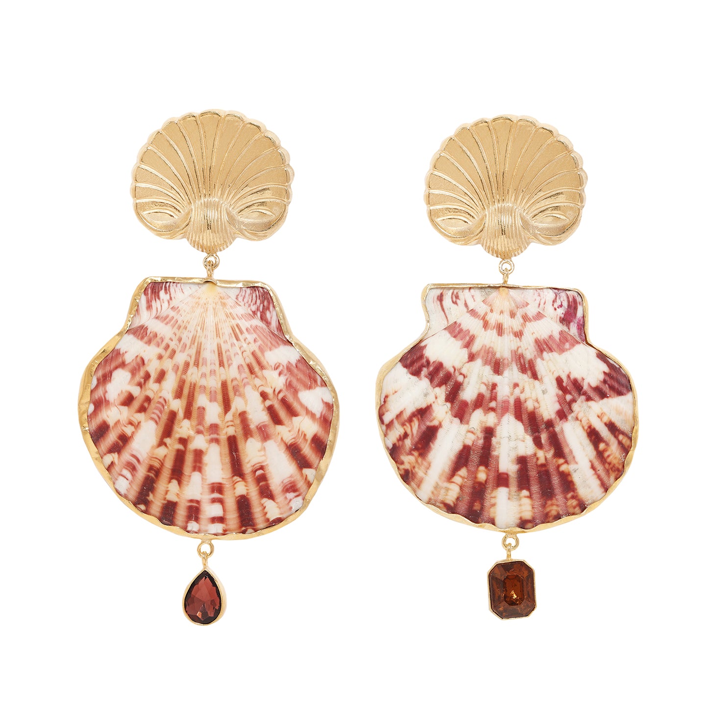 A pair of gold-tone statement earrings featuring a scallop-shaped shell design with a pink and white striped pattern, with small teardrop and faceted brown gemstone drops.