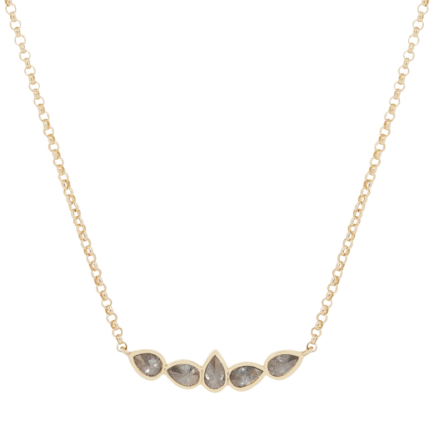 Gold necklace with five teardrop-shaped stones on a white background
