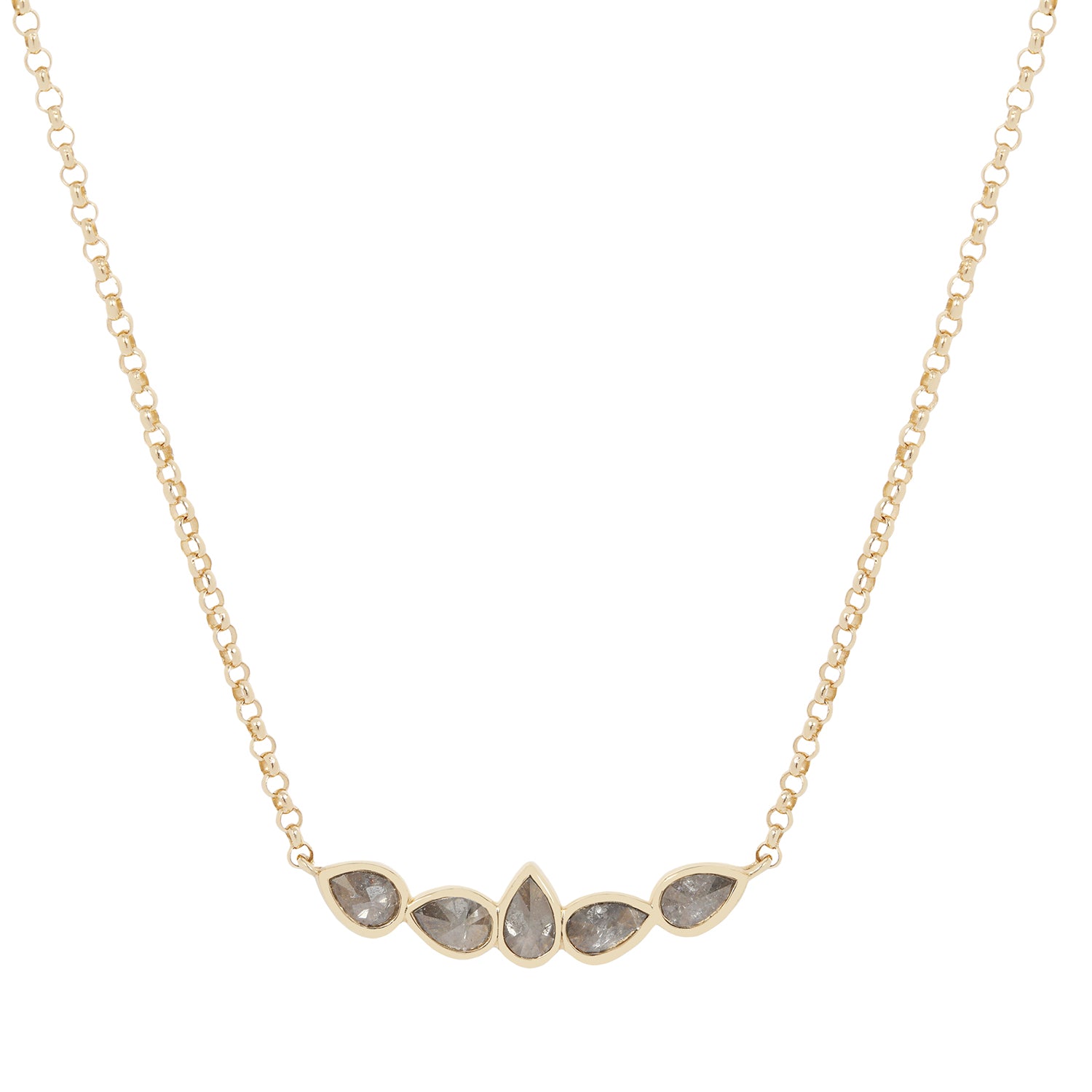 Gold necklace with five teardrop-shaped stones on a white background