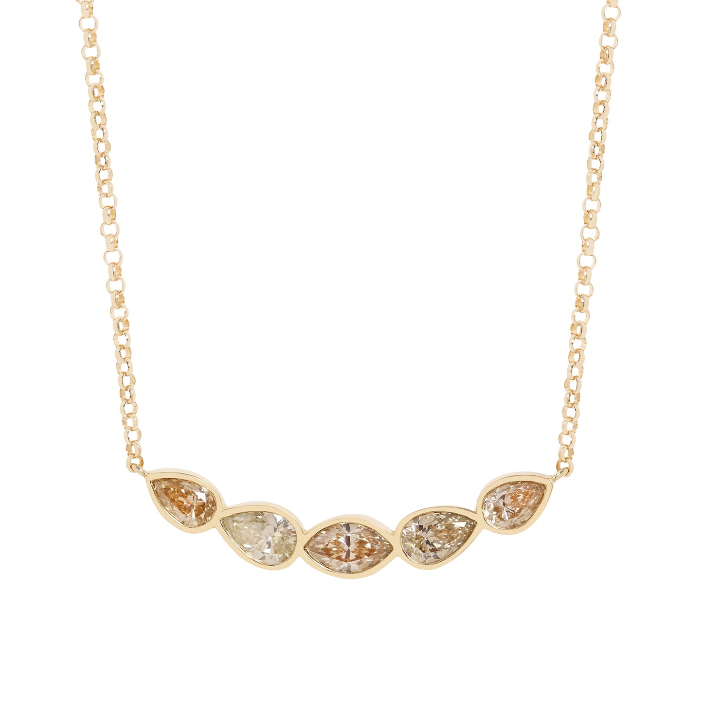 A gold chain necklace featuring five Marquise and pear shape diamonds in a row, with three diamonds showing warm brownish tones and two showing a pale yellowish hue, set against a plain white background.