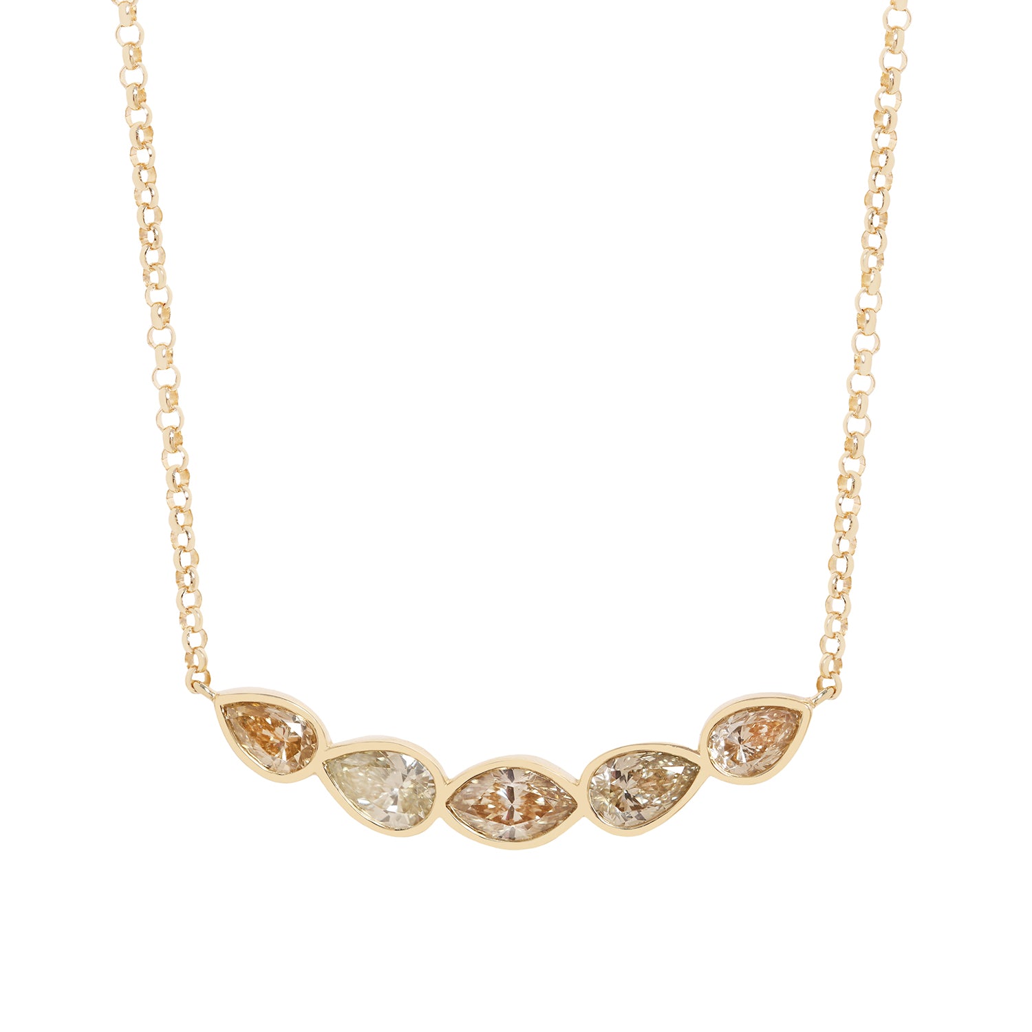 A gold chain necklace featuring five Marquise and pear shape diamonds in a row, with three diamonds showing warm brownish tones and two showing a pale yellowish hue, set against a plain white background.