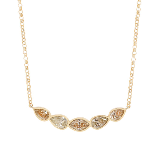 A gold chain necklace featuring five Marquise and pear shape diamonds in a row, with three diamonds showing warm brownish tones and two showing a pale yellowish hue, set against a plain white background.