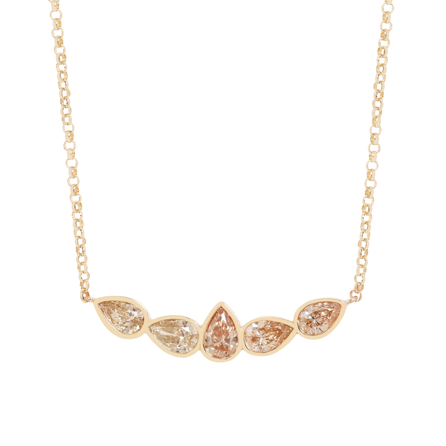A gold necklace featuring five pear-cut clear gemstones in a row, with the center stone being teardrop-shaped. The stones are set in a yellow gold chain on a solid white background.