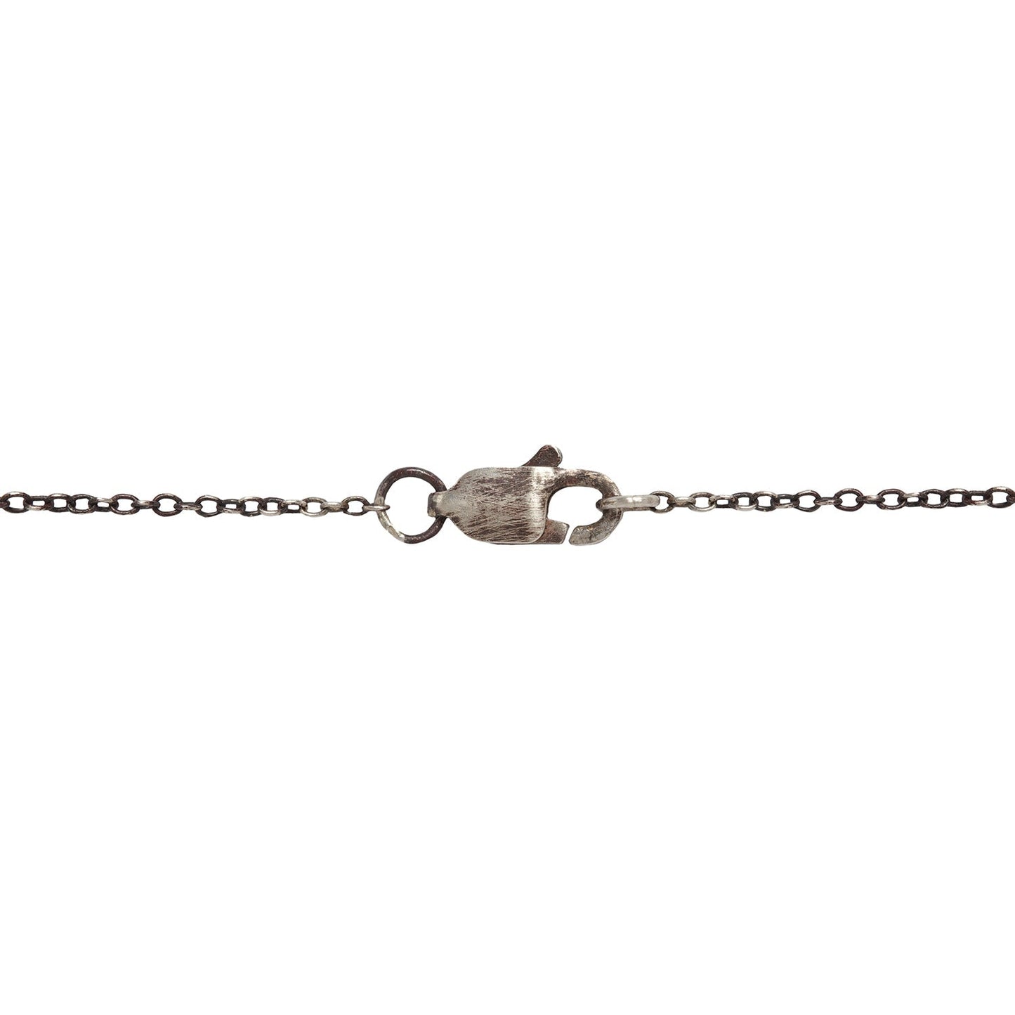 A close-up of a silver lobster clasp on a delicate chain, shown against a plain white background.