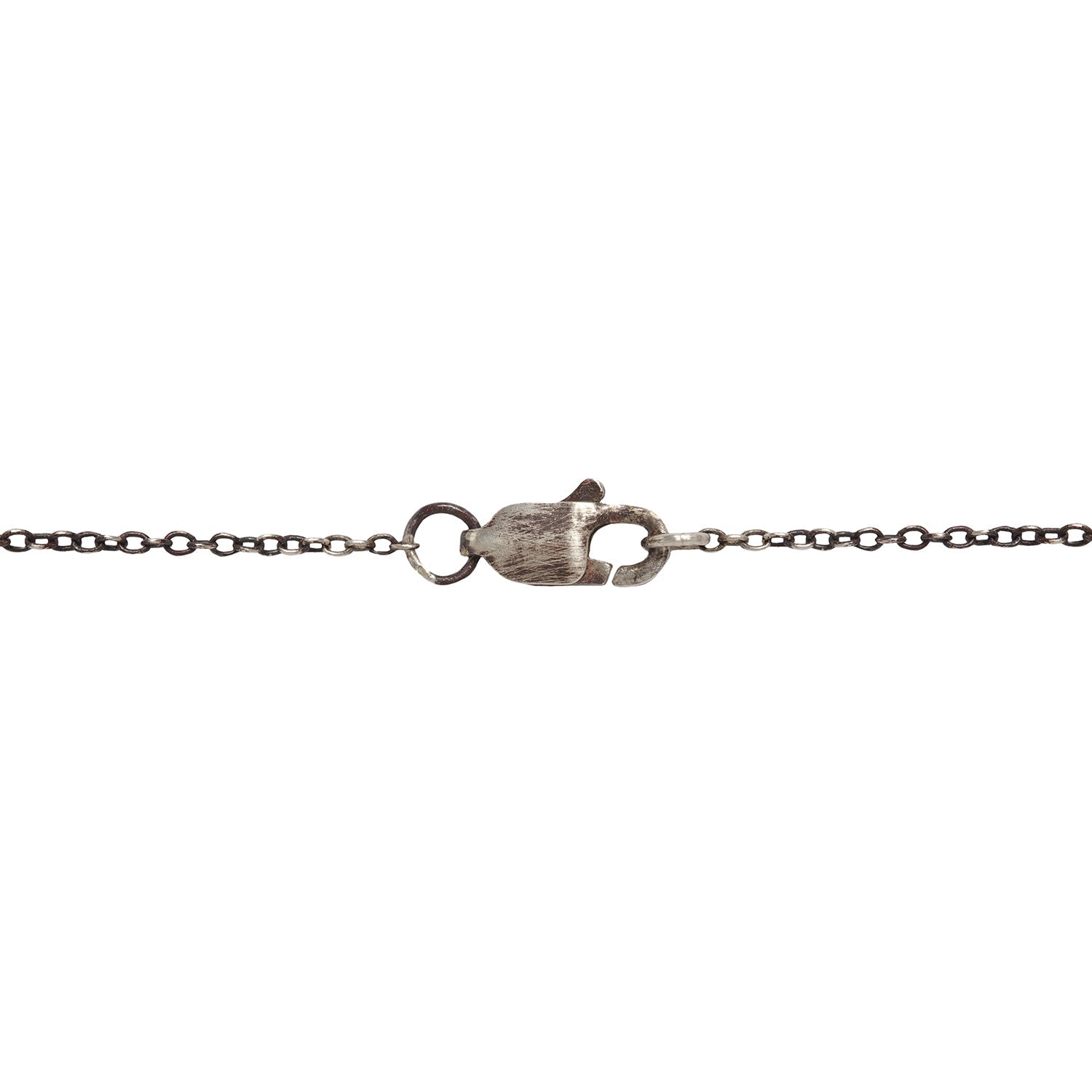 A close-up of a silver lobster clasp on a delicate chain, shown against a plain white background.