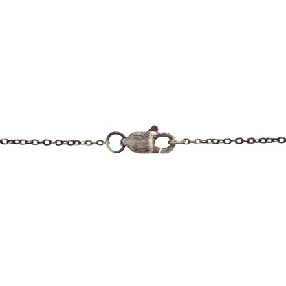 A close-up of a silver lobster clasp on a delicate chain, shown against a plain white background.