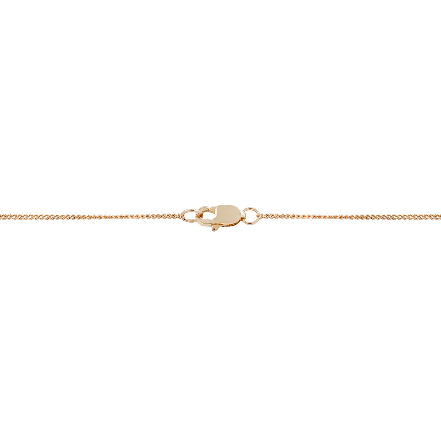 A close-up of a delicate yellow gold chain necklace showing the lobster clasp and jump ring closure mechanism against a solid white background.