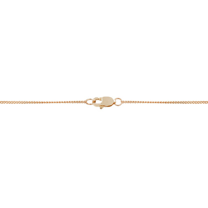 A close-up of a delicate yellow gold chain necklace showing the lobster clasp and jump ring closure mechanism against a solid white background.