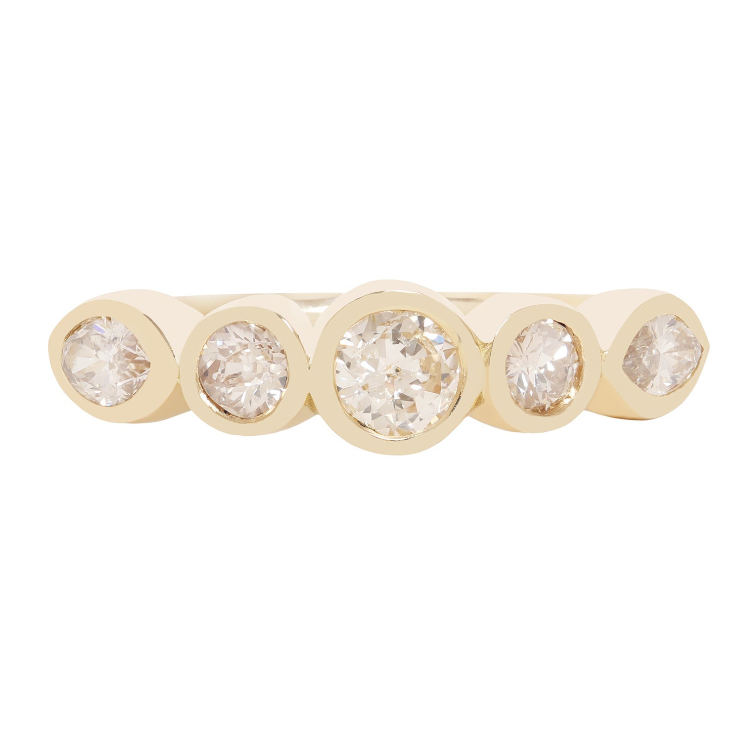 A gold band ring featuring five bezel-set round diamonds of varying sizes, presented on a clean white background.
