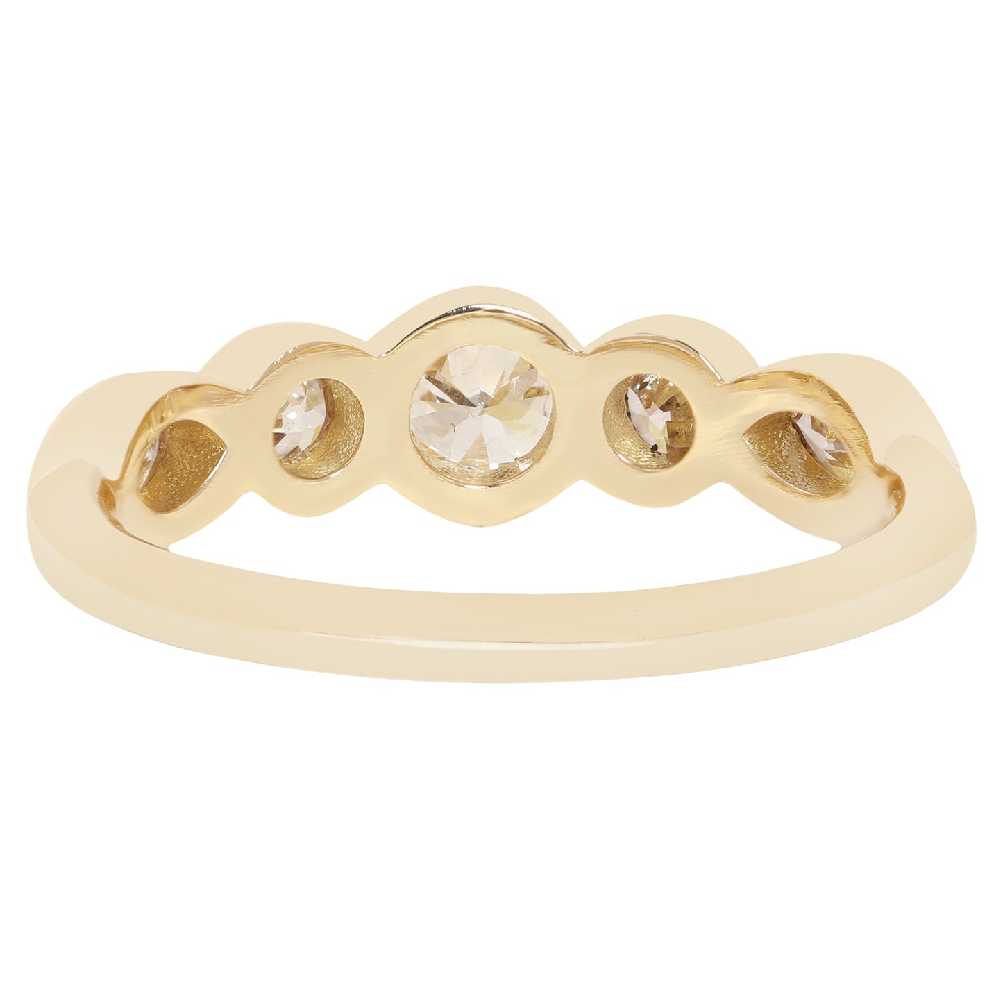 A yellow gold ring with a scalloped five-stone setting, featuring a central round clear gemstone and four smaller round clear gemstones, shown on a plain white background.