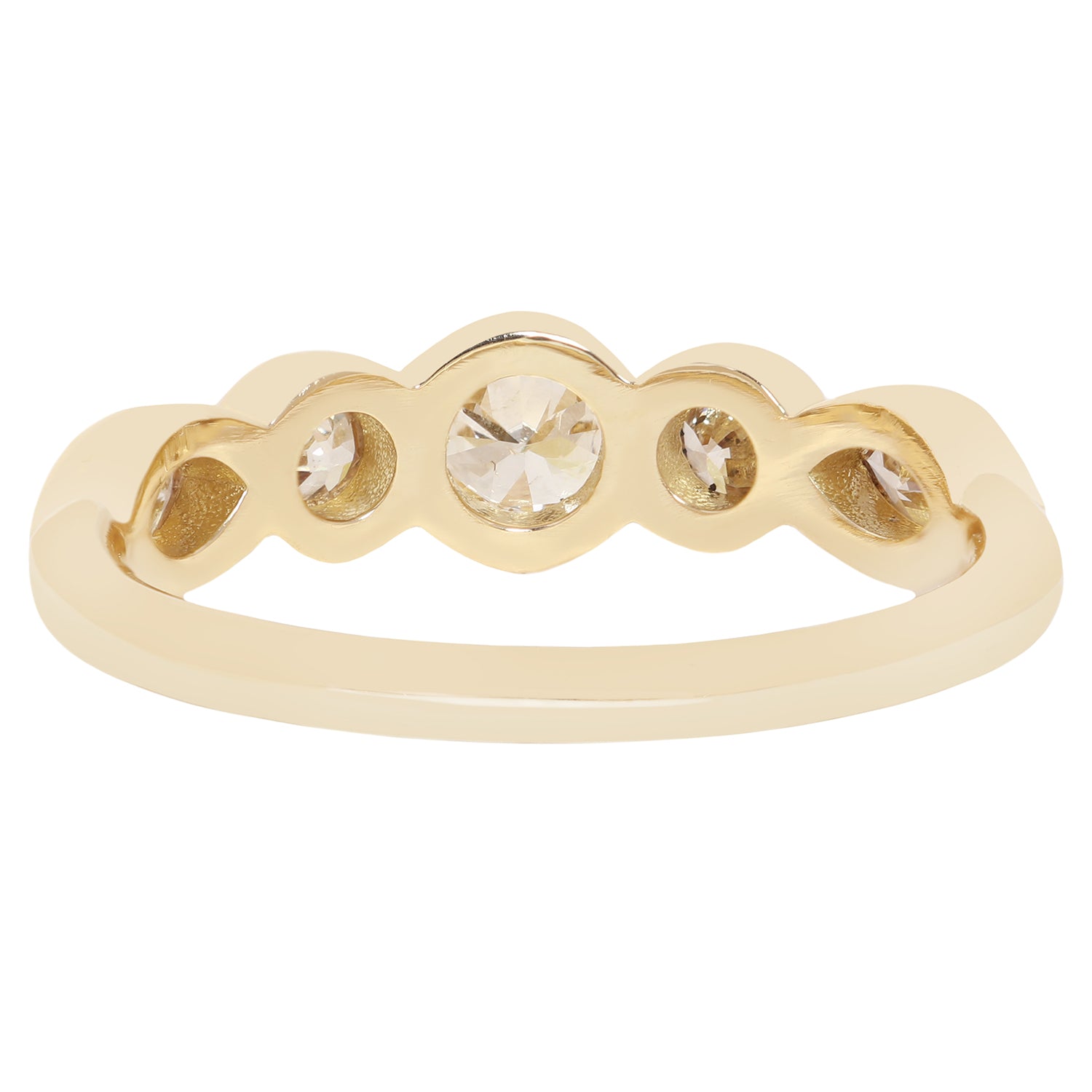 A yellow gold ring with a scalloped five-stone setting, featuring a central round clear gemstone and four smaller round clear gemstones, shown on a plain white background.
