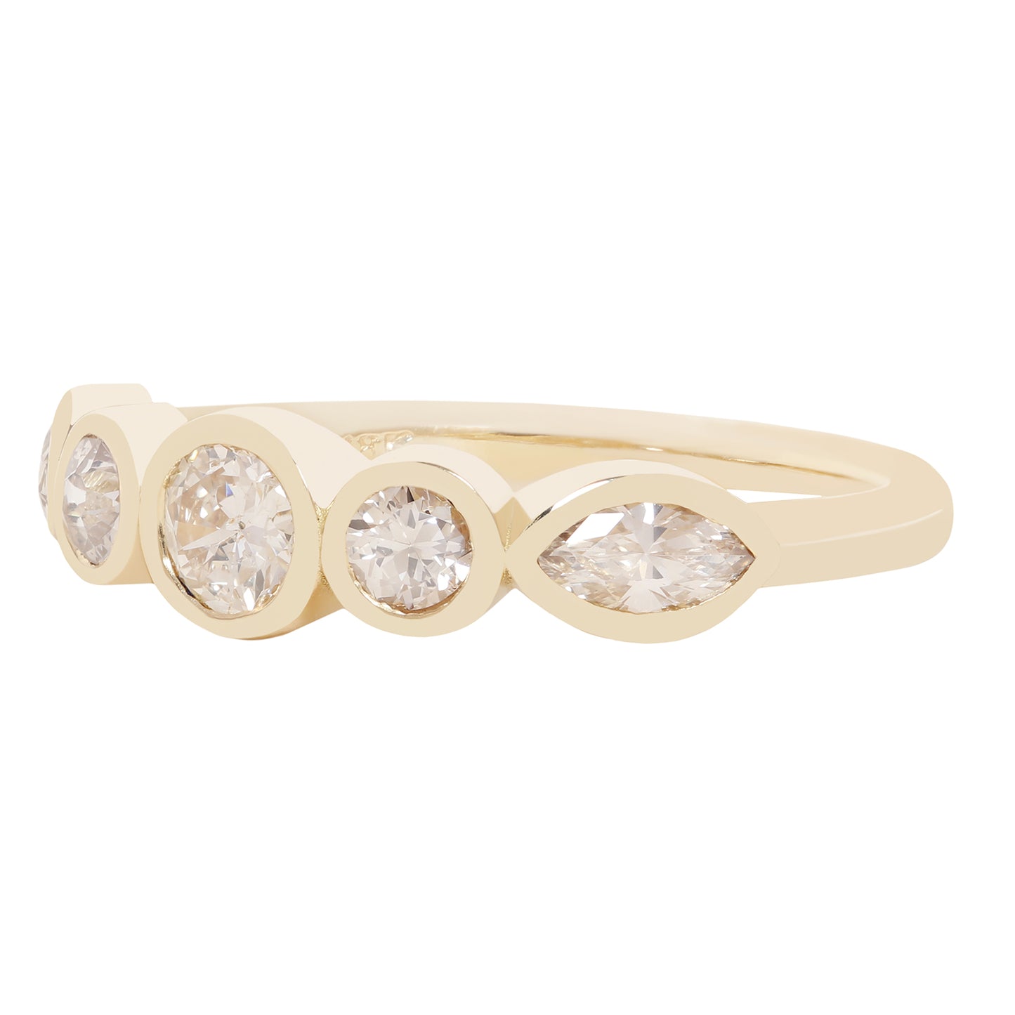 A yellow gold ring featuring four marquise-cut clear gemstones in bezel settings, displayed on a clean white background.