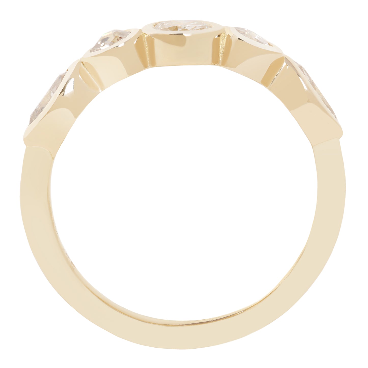 A yellow gold ring with a unique faceted crown setting and clear gemstones, shown against a plain white background.