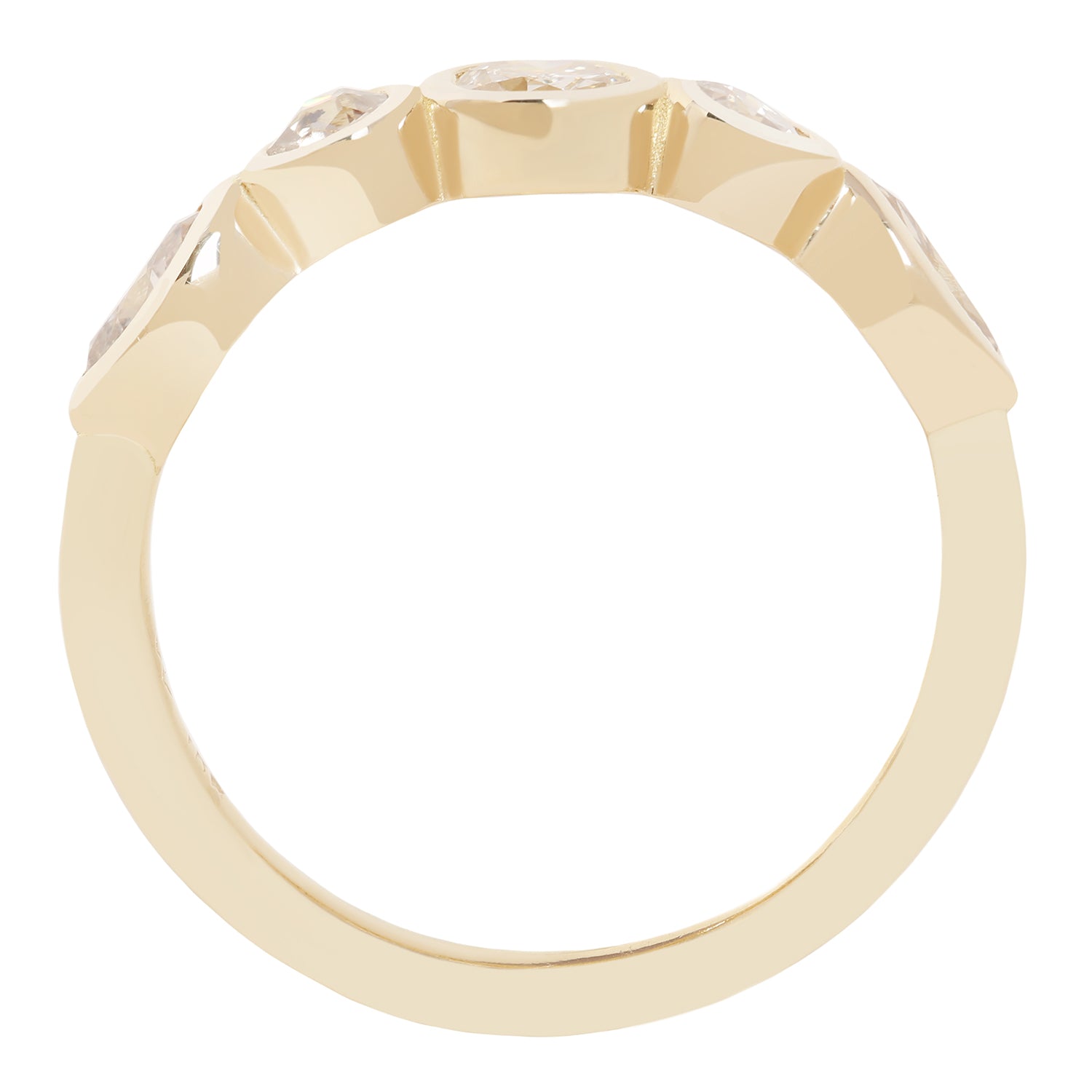 A yellow gold ring with a unique faceted crown setting and clear gemstones, shown against a plain white background.