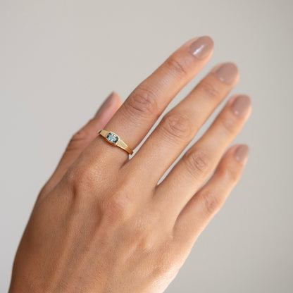 Lauren Wolf - Gold ring with a gemstone on a hand against a neutral background