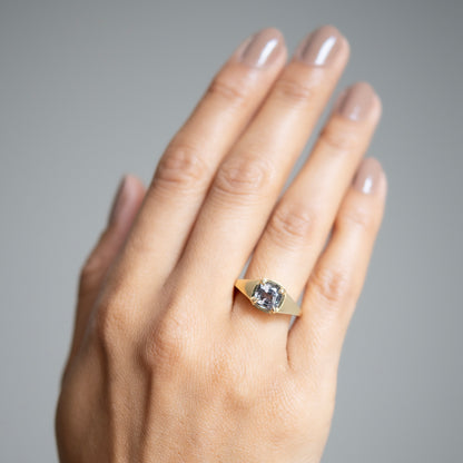 Lauren Wolf - Hand wearing a gold ring with a spinel on a gray background