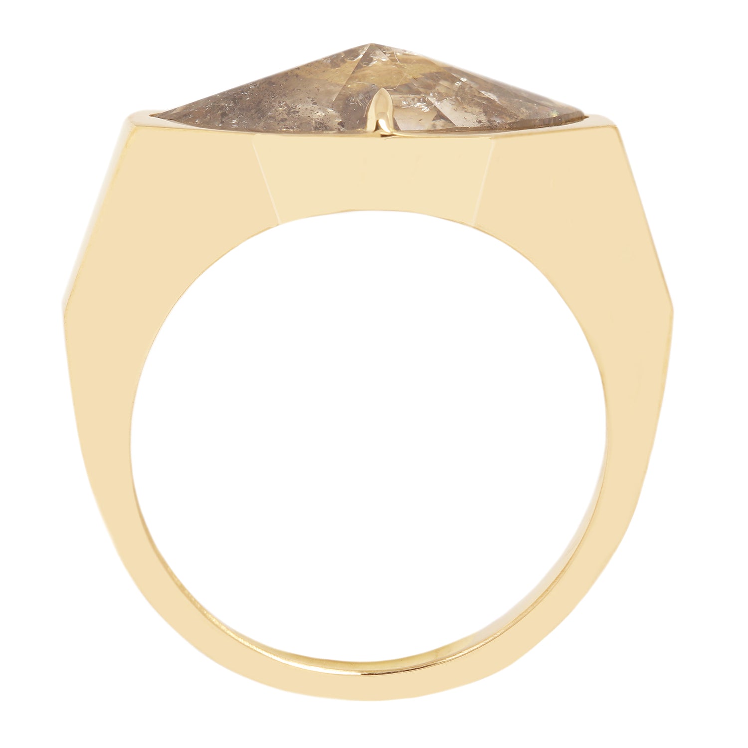 Lauren Wolf - Gold ring with a large, faceted stone on a white background