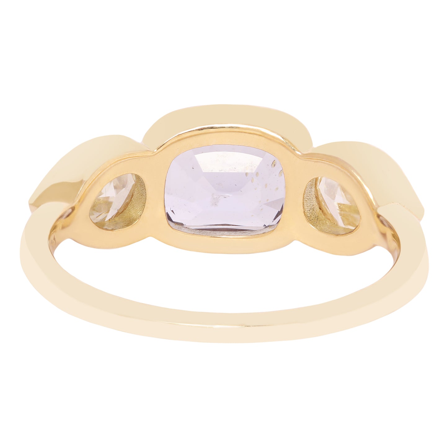 Gold ring with a central purple gemstone on a white background