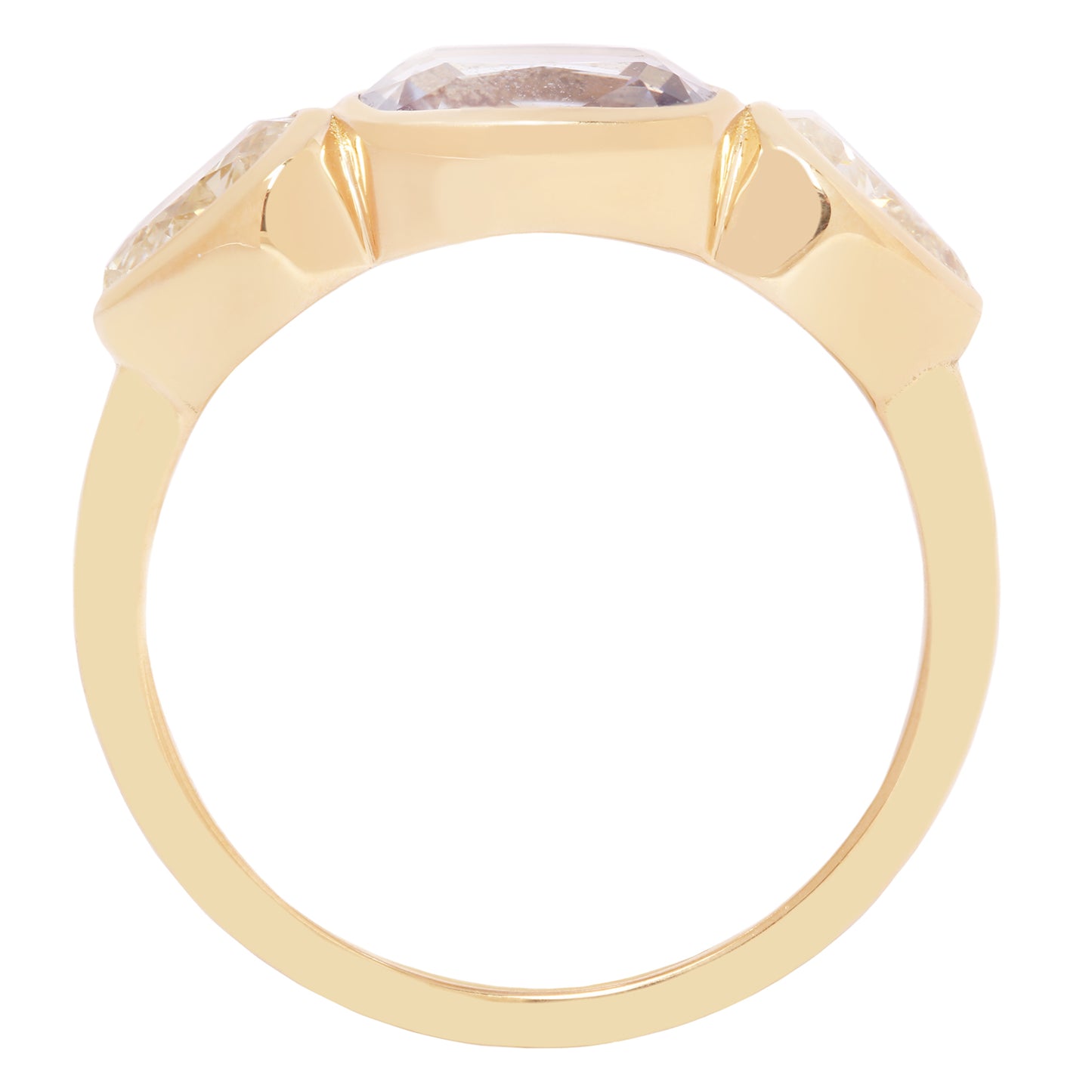 Gold ring with a central gemstone on a white background