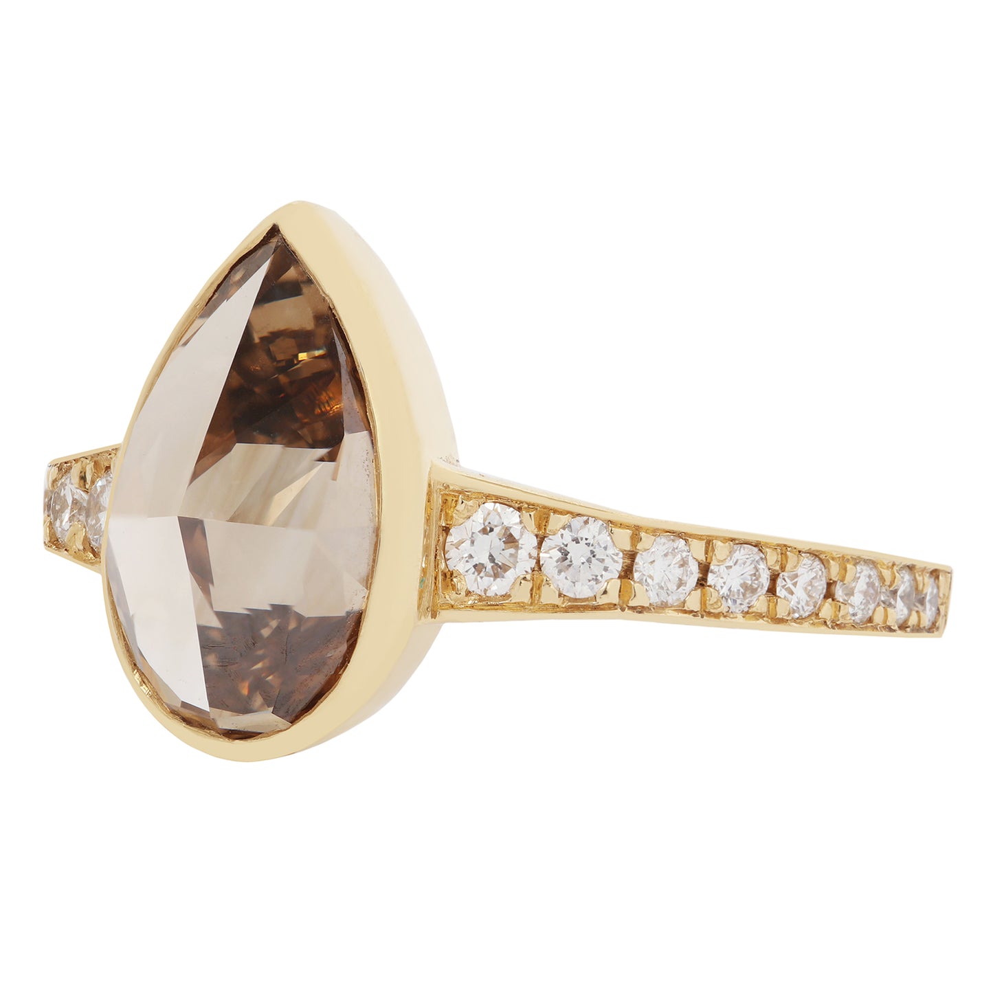 Gold ring with a large brown gemstone and smaller diamonds on a white background