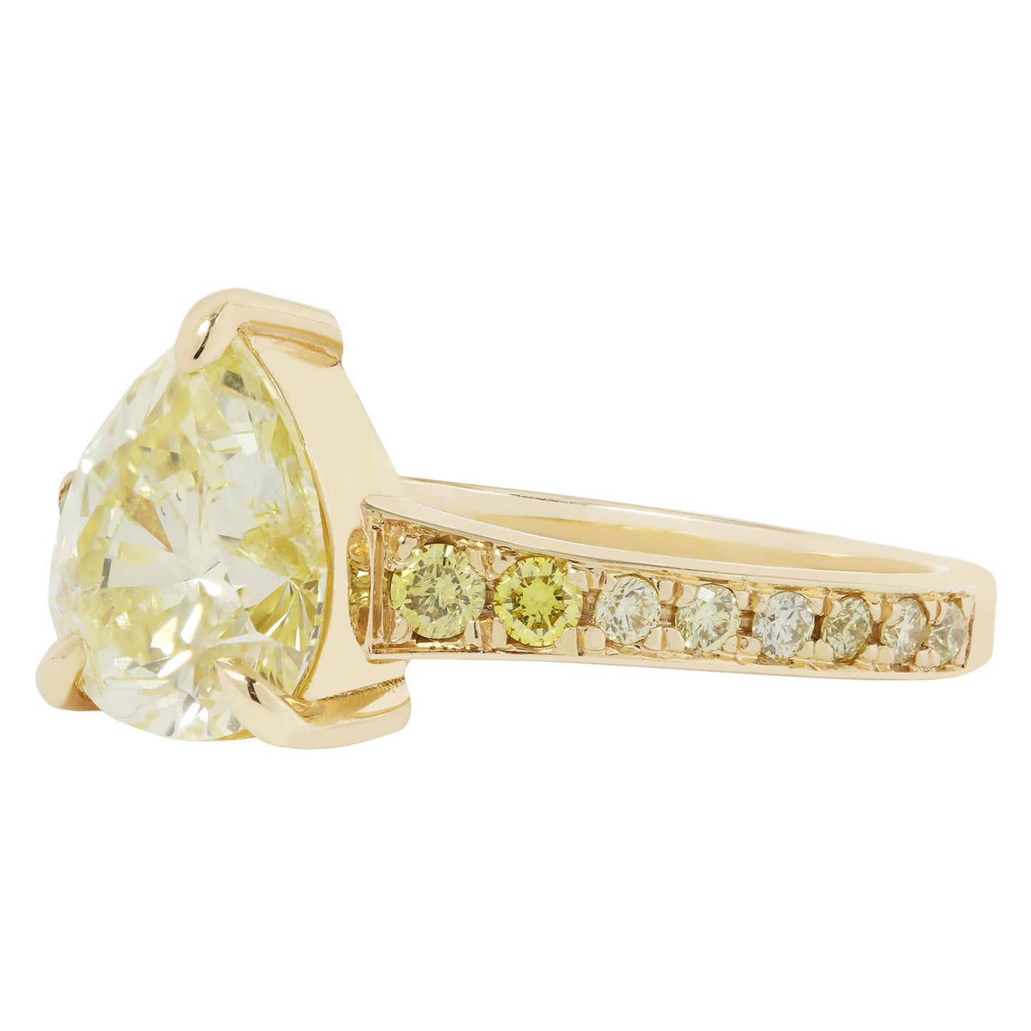 Gold ring with a large yellow gemstone and smaller diamonds on a white background