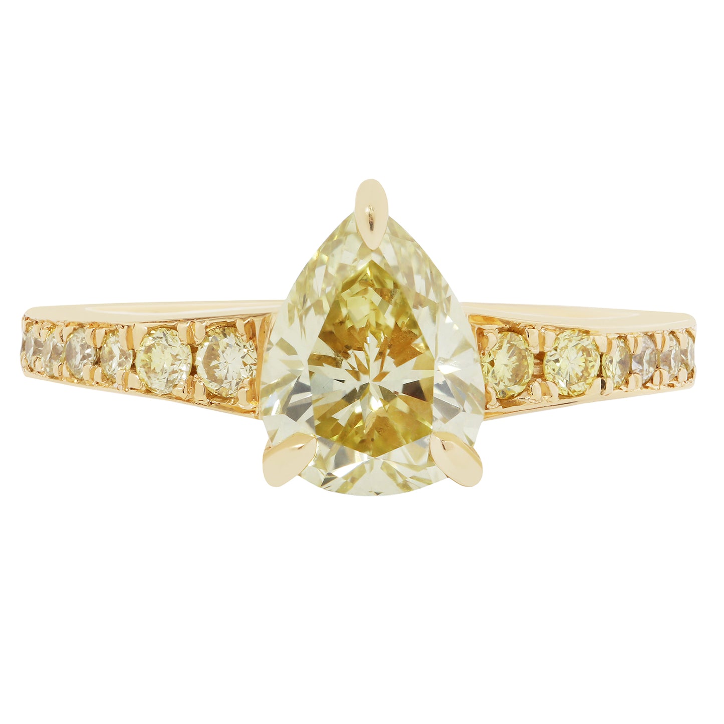 Gold ring with a large yellow diamond and smaller diamonds on a white background
