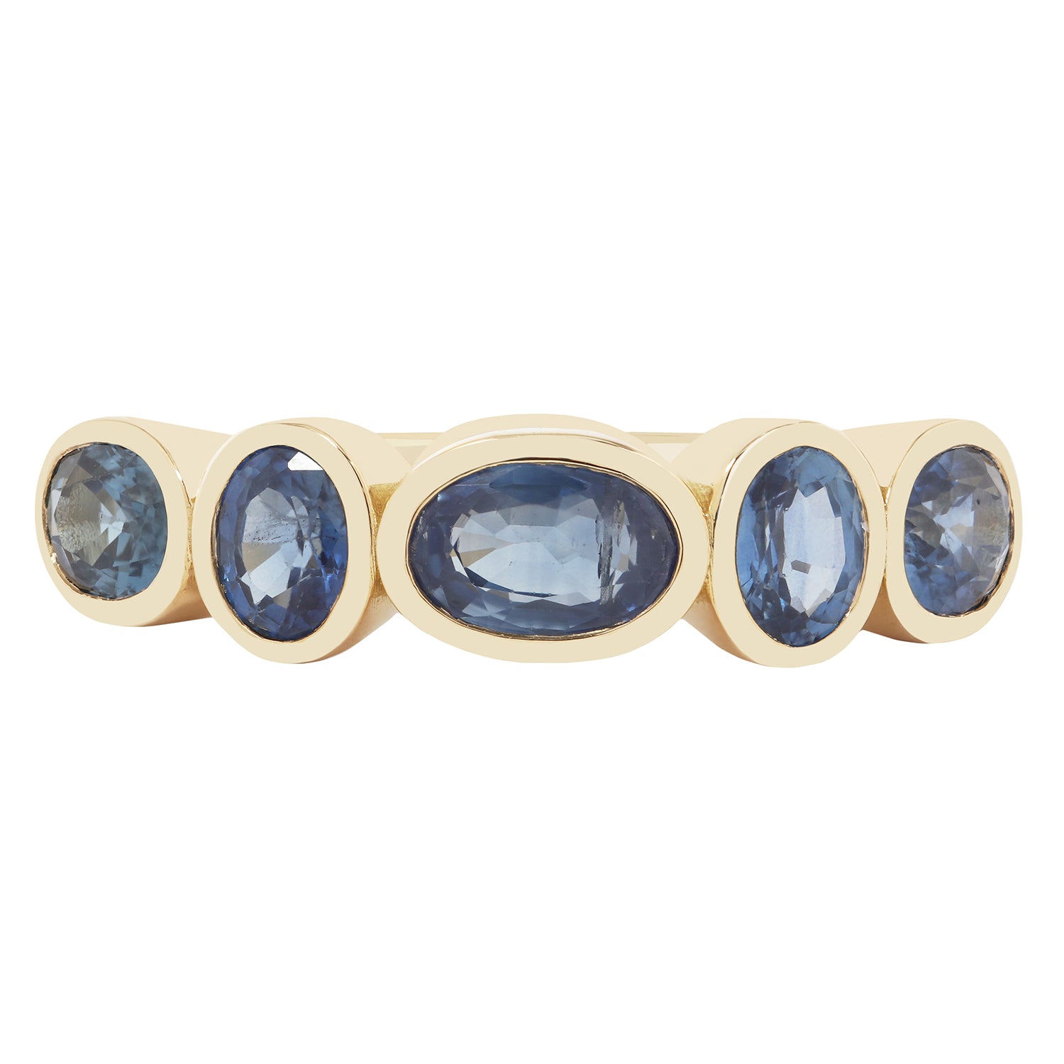 Gold ring with five oval blue gemstones on a white background