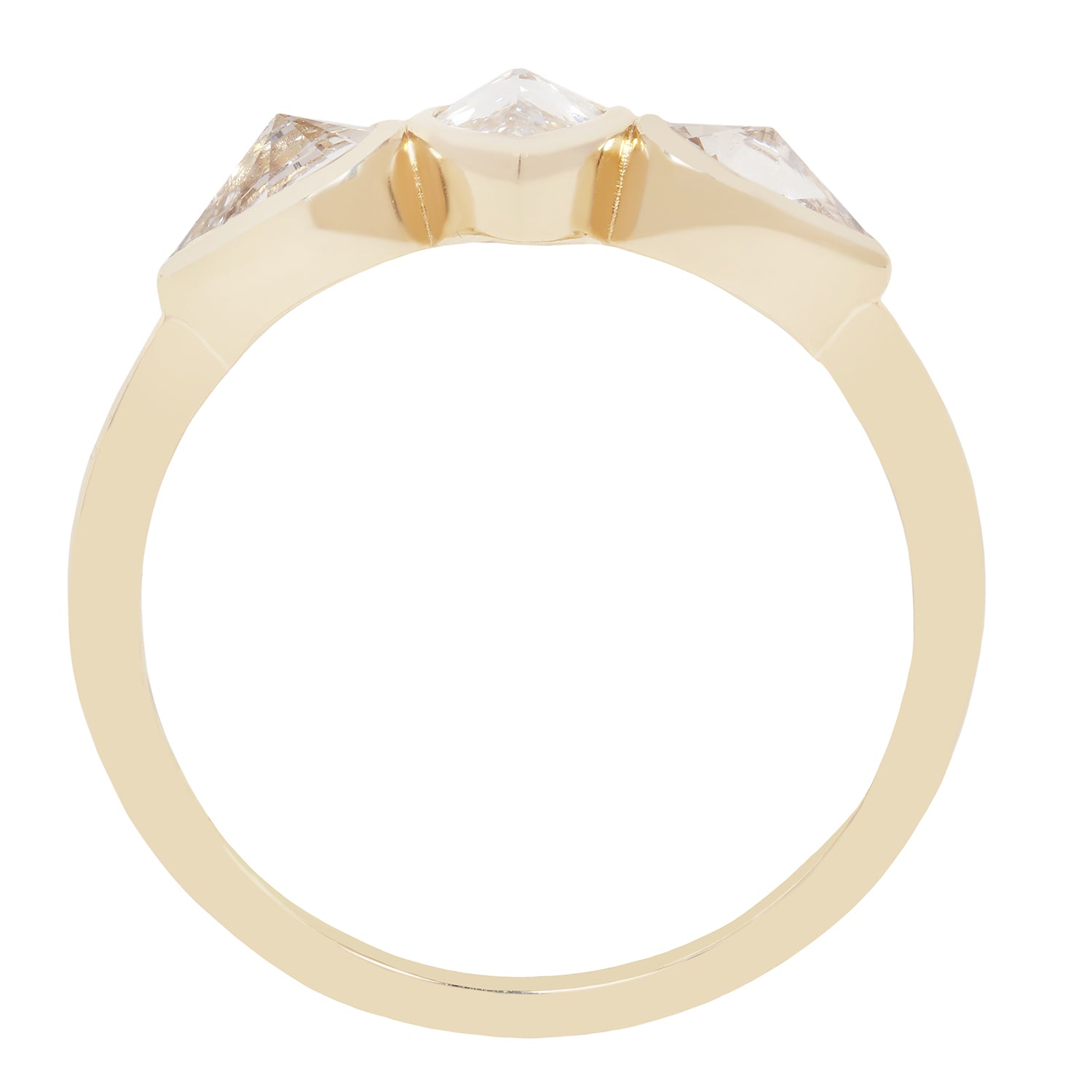 A yellow gold ring with a three-stone setting featuring a central square-cut diamond flanked by two smaller marquise-cut diamonds, shown on a plain white background.