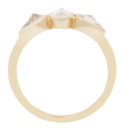 A yellow gold ring with a three-stone setting featuring a central square-cut diamond flanked by two smaller marquise-cut diamonds, shown on a plain white background.