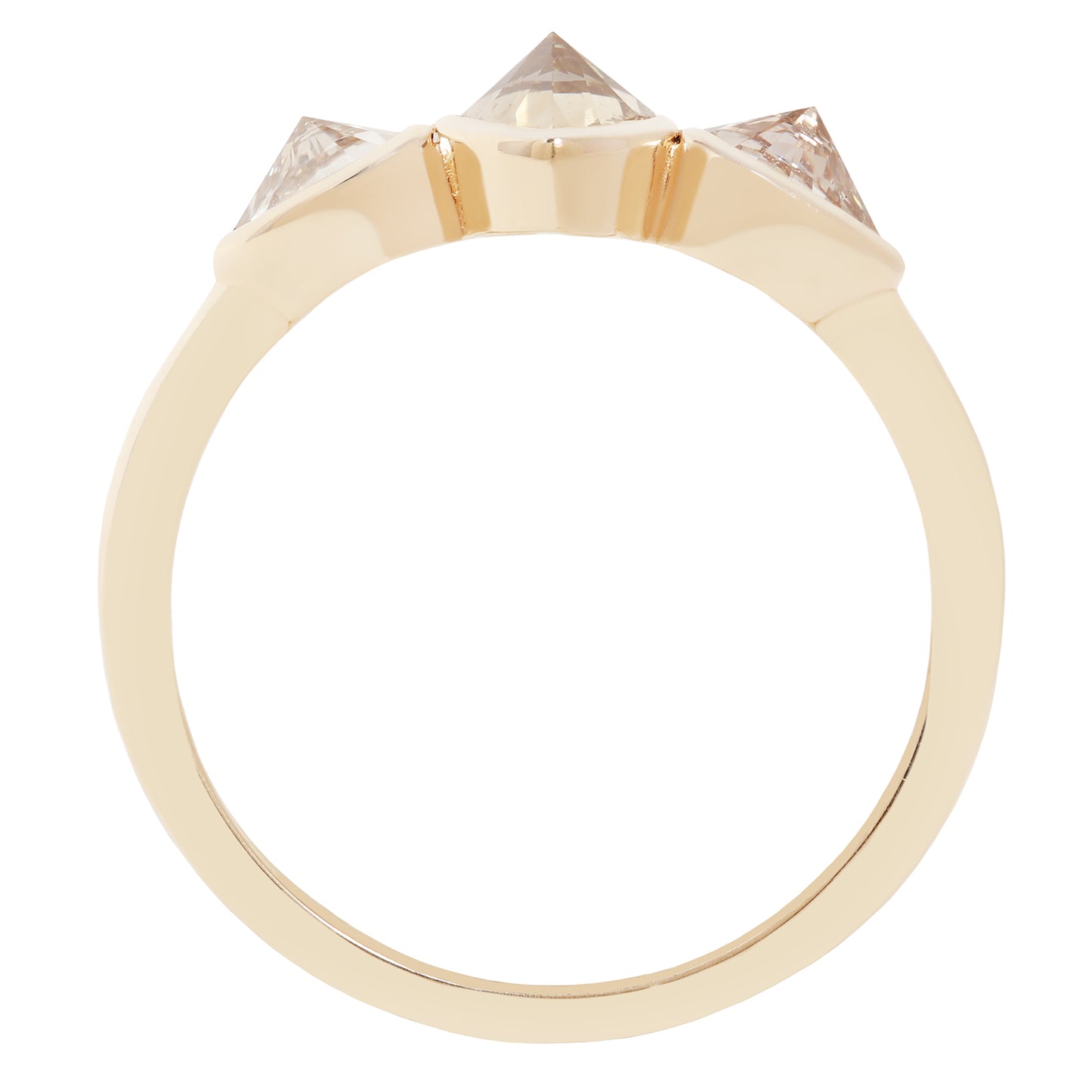 Three pear shape point up diamond ring in yellow gold on a white background