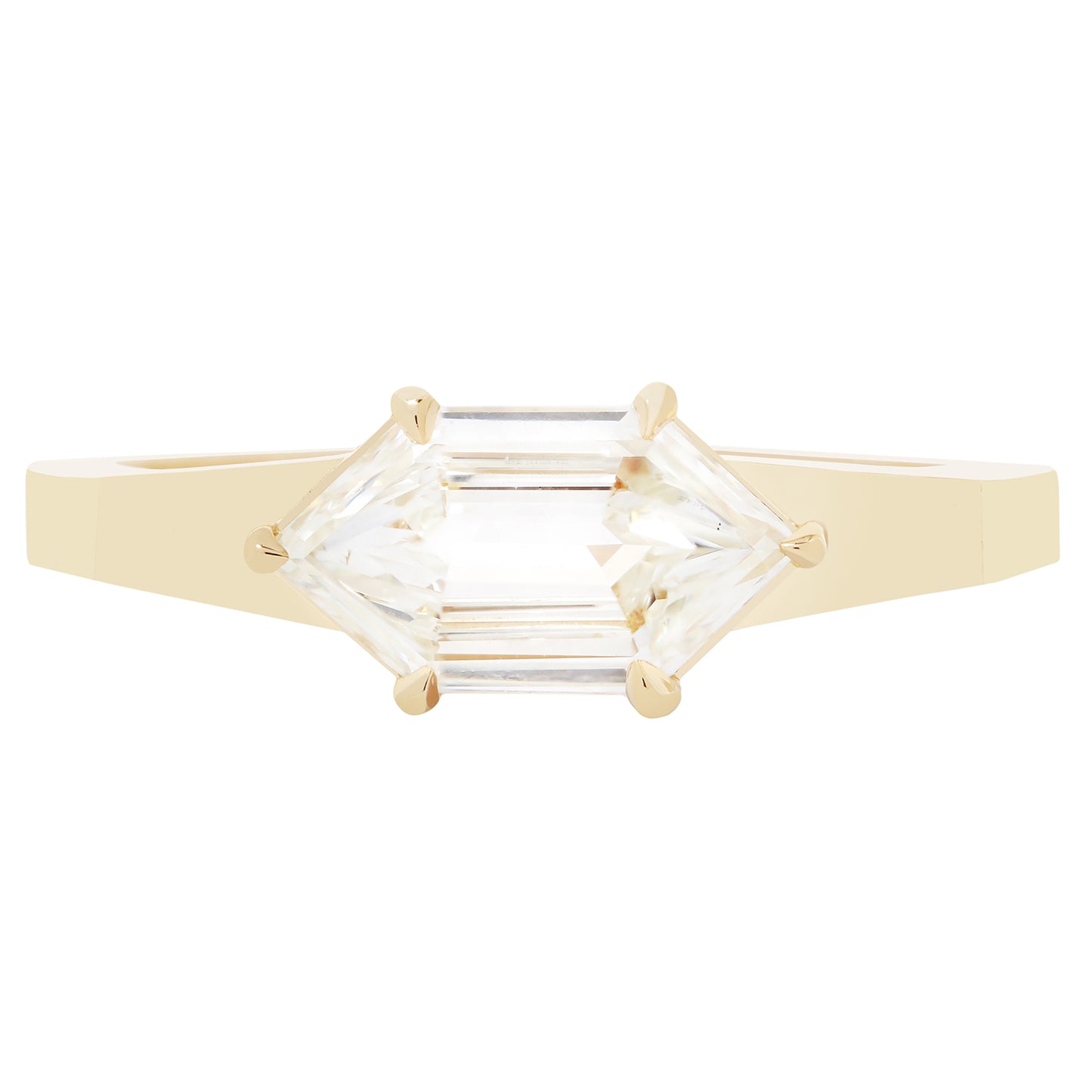 Gold ring with two large diamond stones on a white background