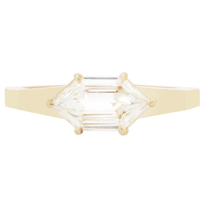 Gold ring with two large diamond stones on a white background