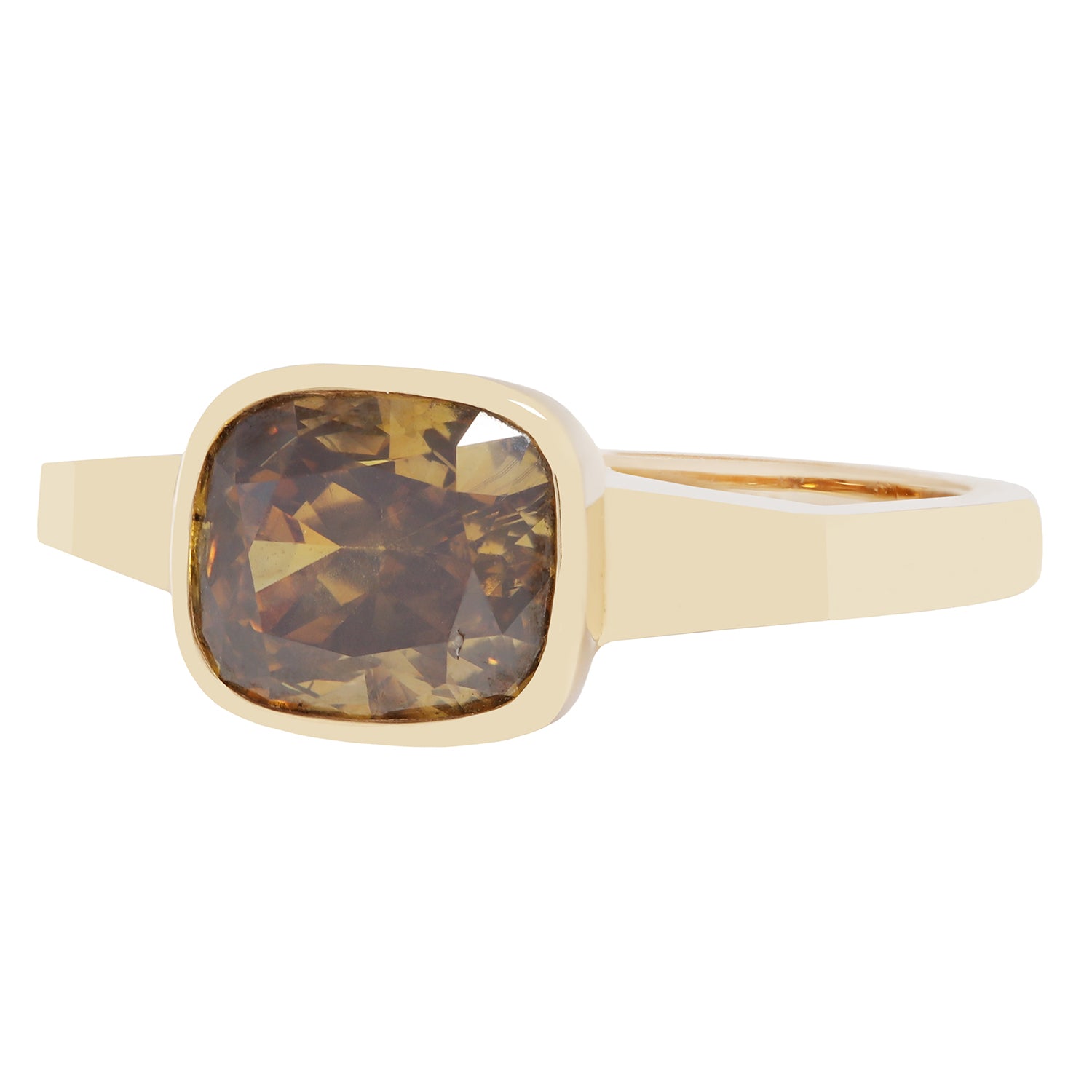 Gold ring with a brown diamond on a white background