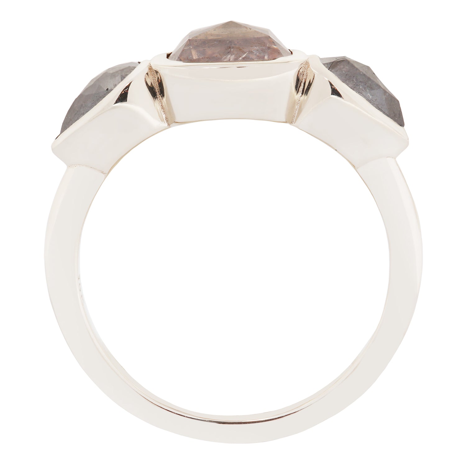 White gold ring with gray gemstones on a white background
