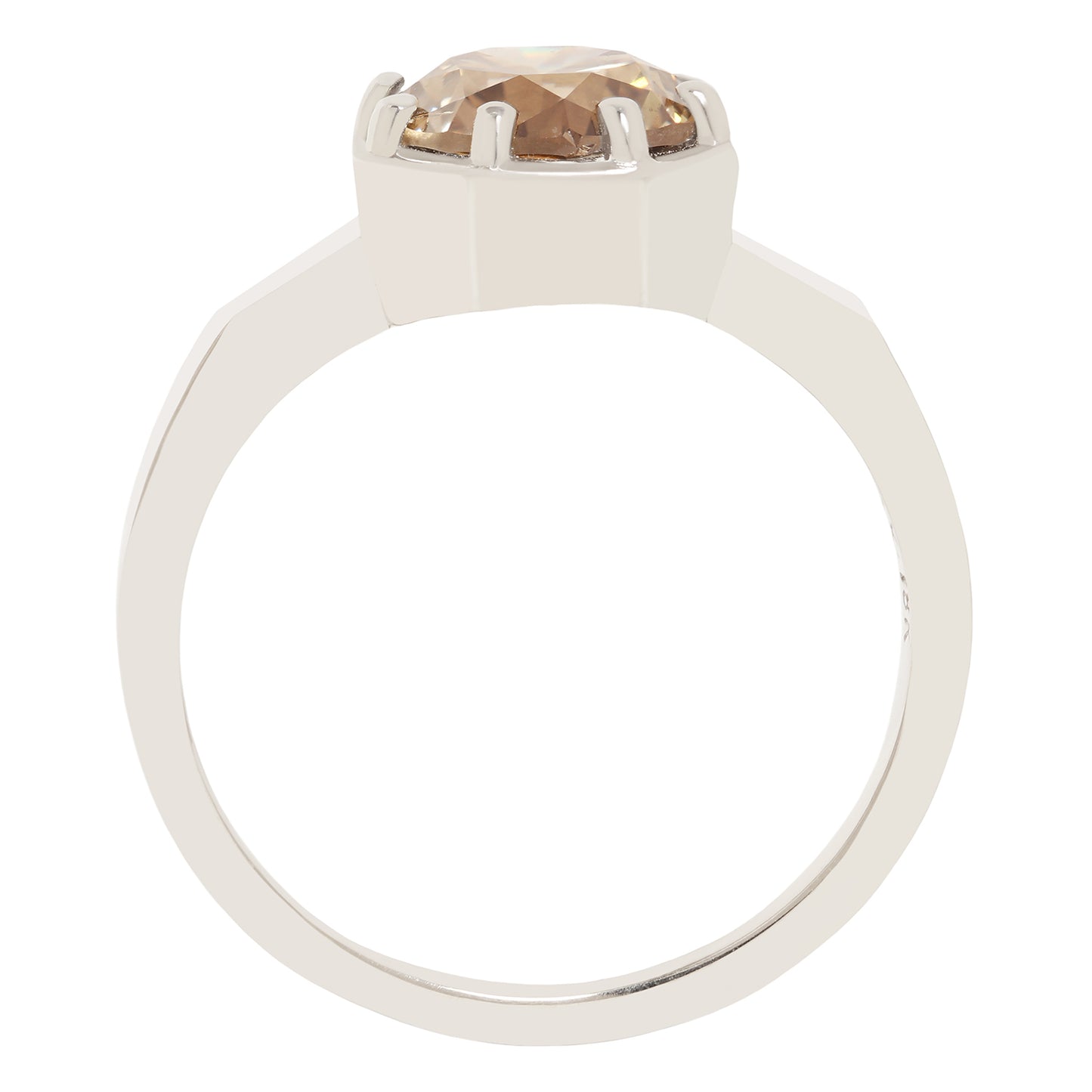 A white gold ring with a large, round, faceted champagne-colored gemstone in a prong setting, shown against a plain white background.