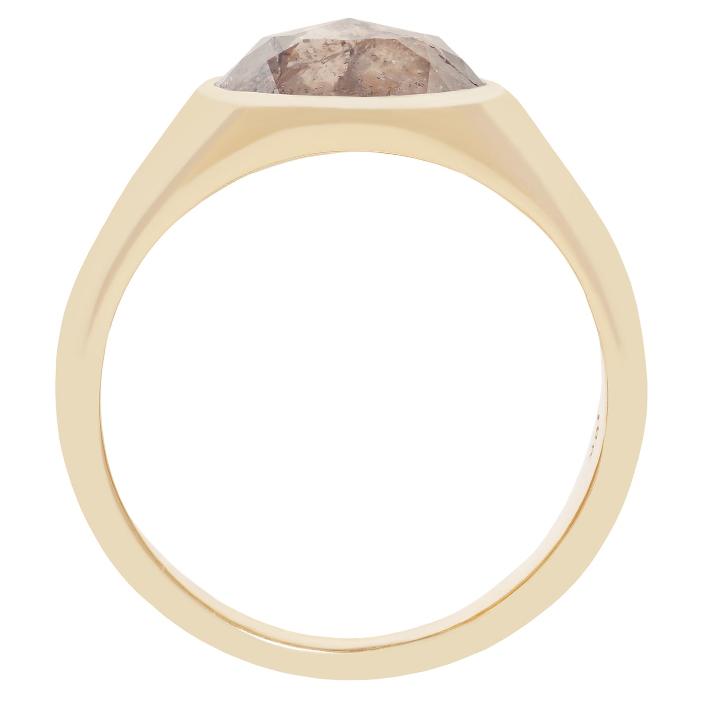 A rose gold ring with a large, faceted diamond gemstone, shown from a top-down view on a plain white background.