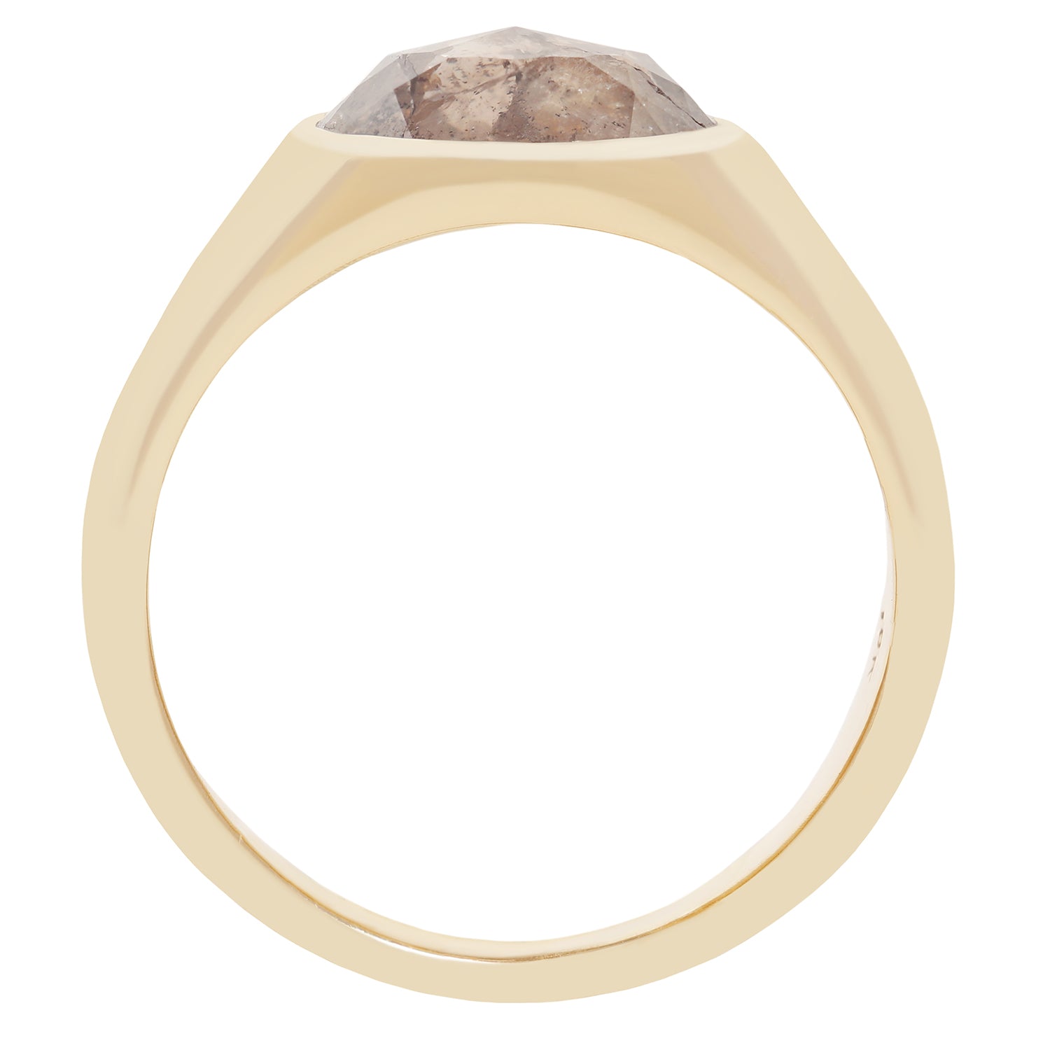 A rose gold ring with a large, faceted diamond gemstone, shown from a top-down view on a plain white background.