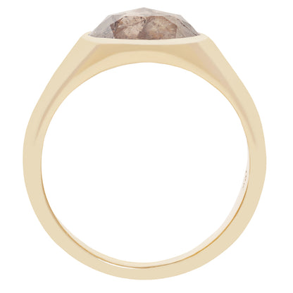 A rose gold ring with a large, faceted diamond gemstone, shown from a top-down view on a plain white background.