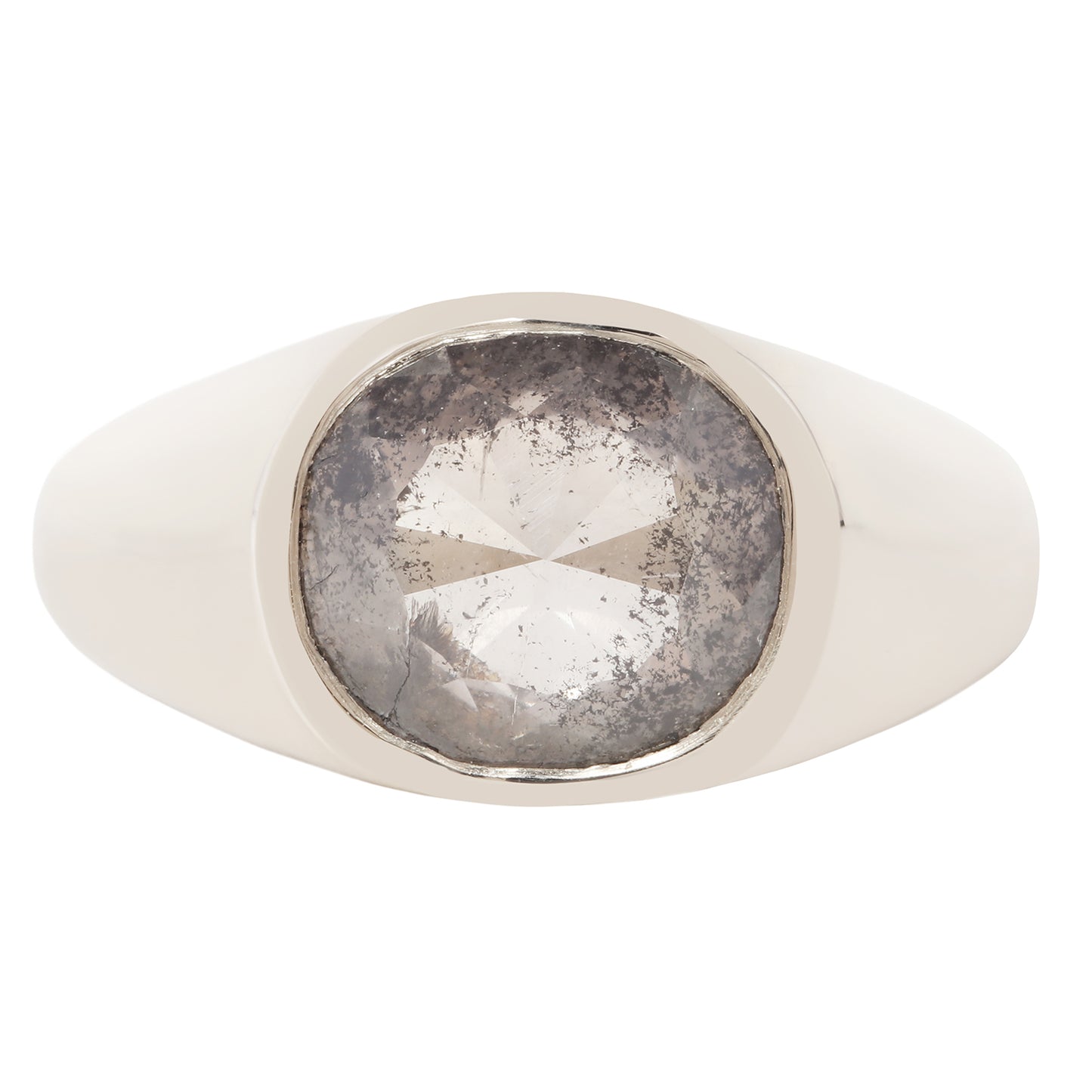 A silver signet ring featuring a large, round, heavily textured gray gemstone in a polished white gold bezel setting, shown against a plain white background.