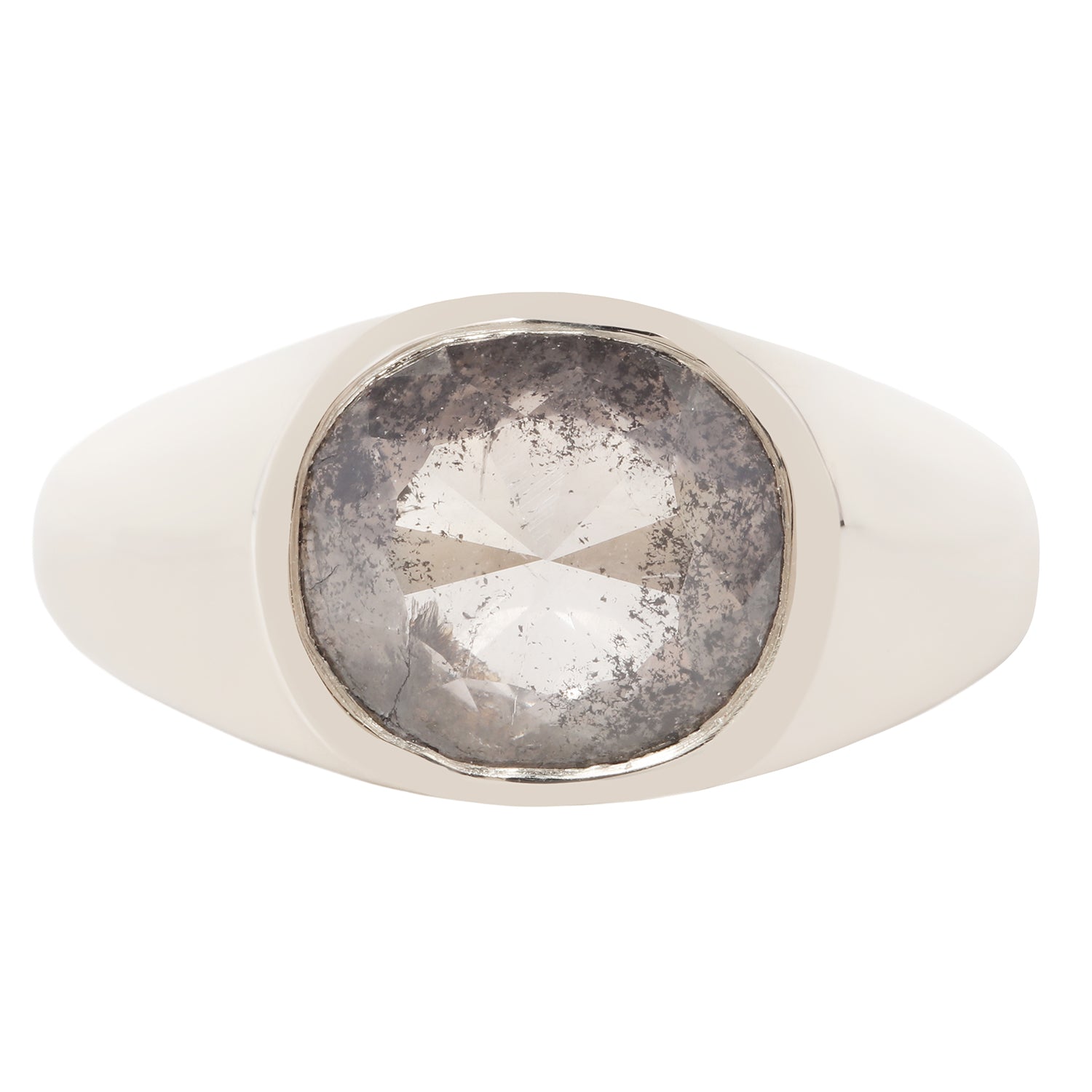 A silver signet ring featuring a large, round, heavily textured gray gemstone in a polished white gold bezel setting, shown against a plain white background.