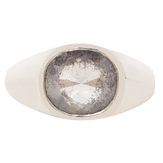 A silver signet ring featuring a large, round, heavily textured gray gemstone in a polished white gold bezel setting, shown against a plain white background.