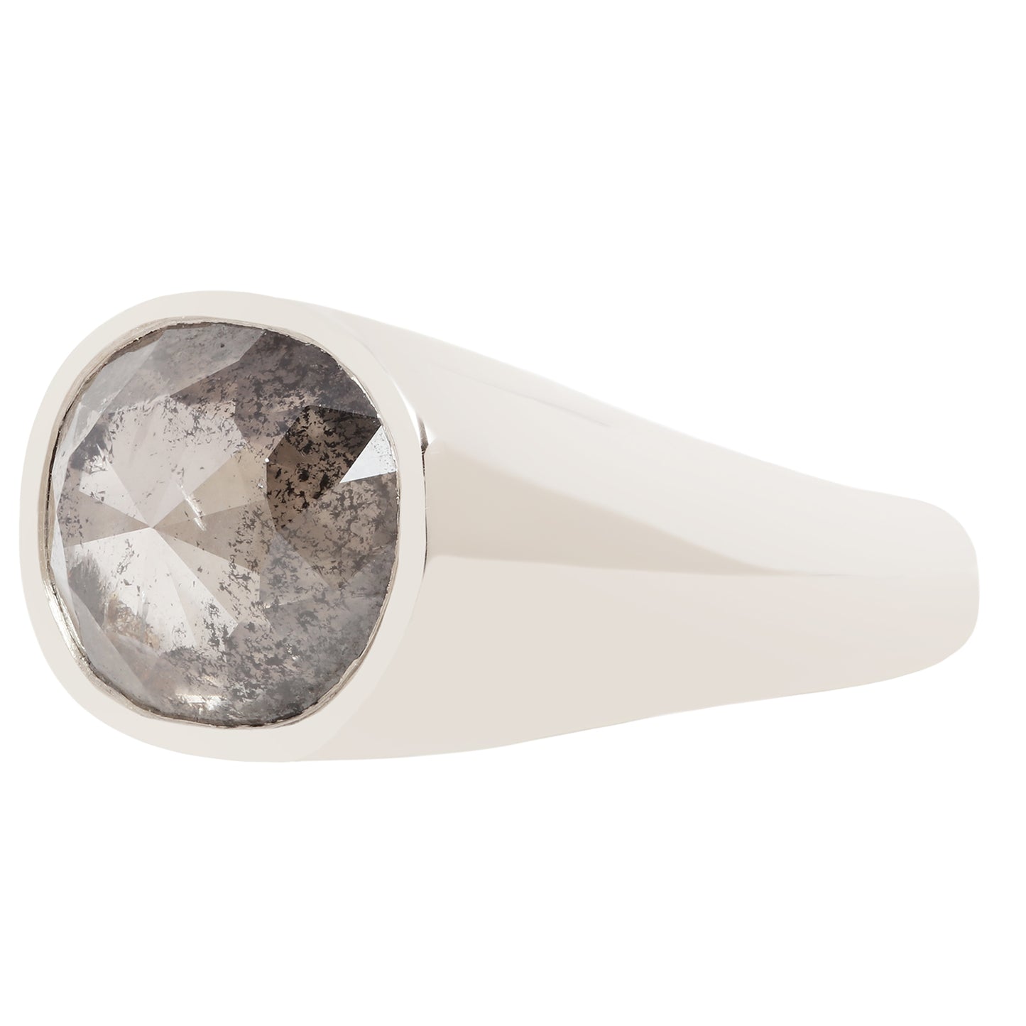 A silver signet ring featuring a large, faceted gray gemstone with visible inclusions, set in a polished white gold band against a plain white background.