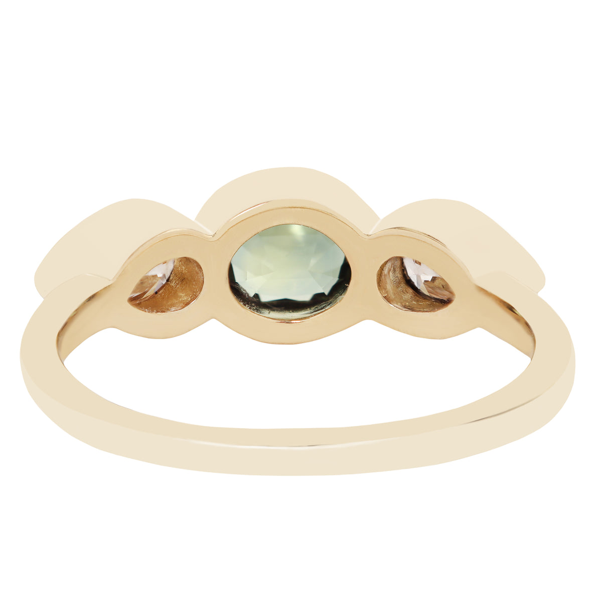 A gold ring with a scalloped top featuring a central round pale green gemstone and two smaller marquise-cut brown gemstones on either side, shown on a plain white background.