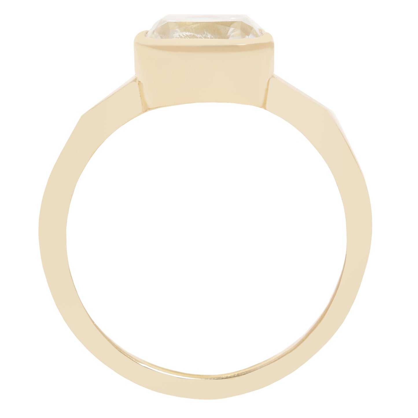 A gold ring with a square bezel-set clear diamond 