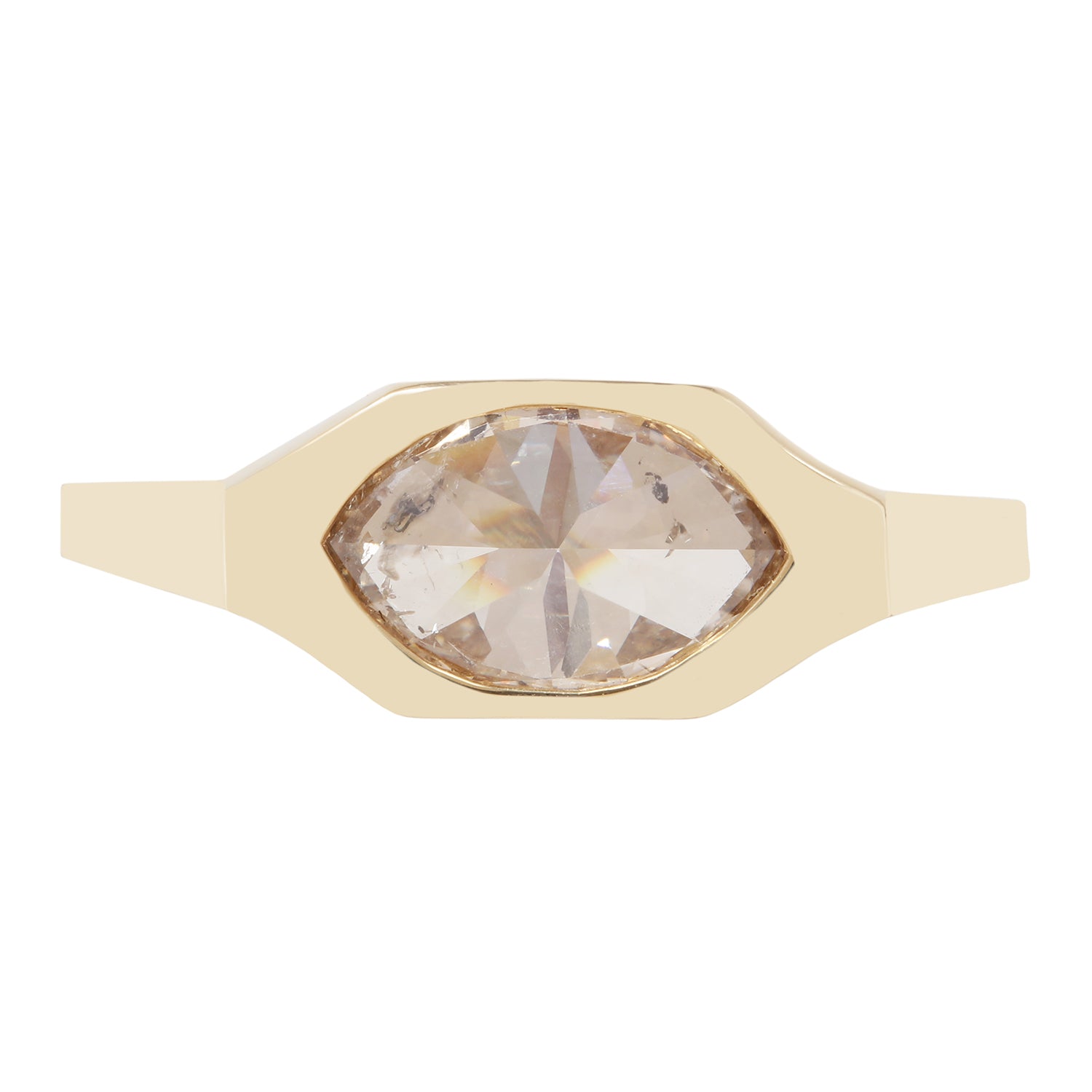A gold signet-style ring featuring a large marquise-cut pale pink gemstone in a bezel setting, shown against a plain white background.