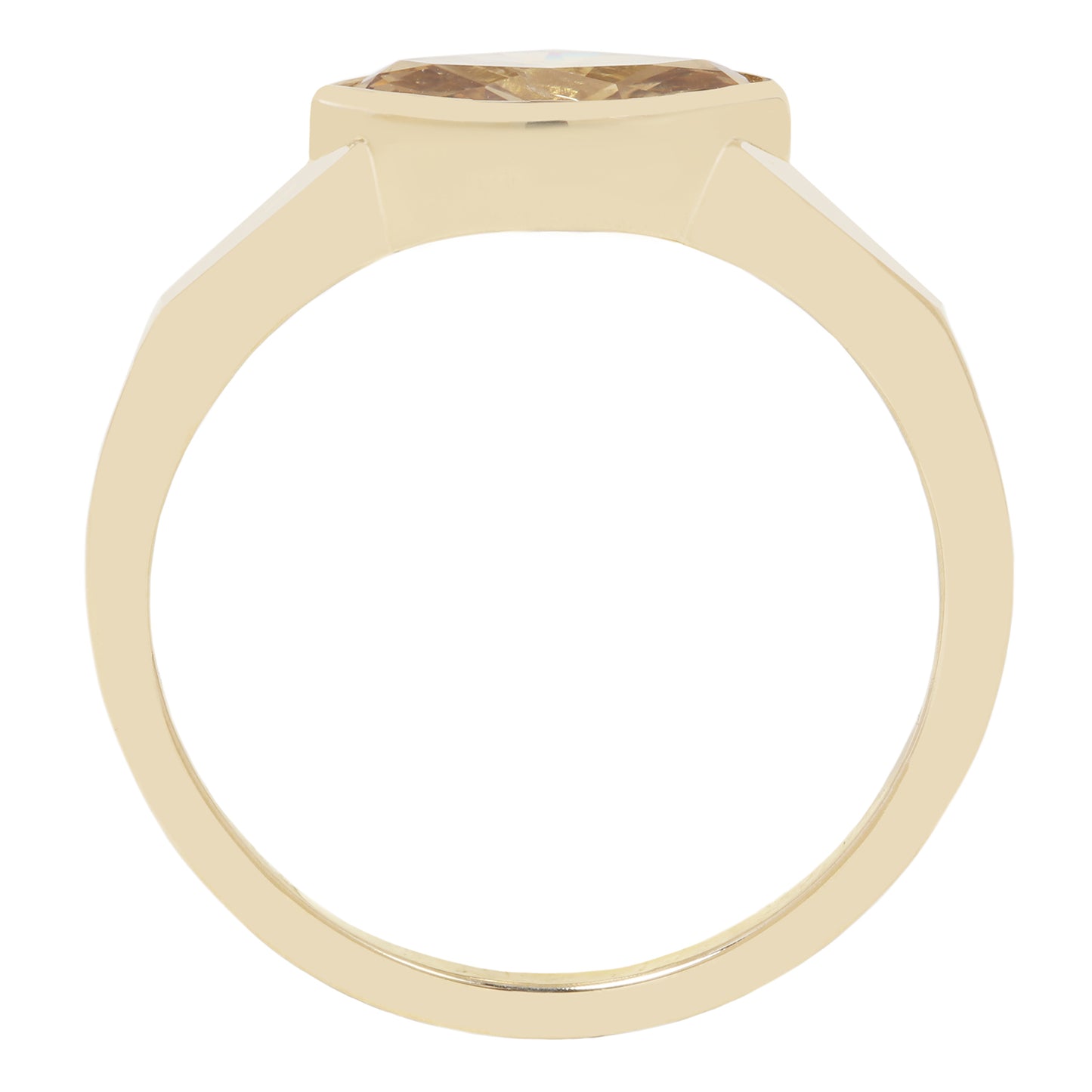 A yellow gold ring with a bezel-set round brown gemstone, shown from a top-down perspective on a white background.